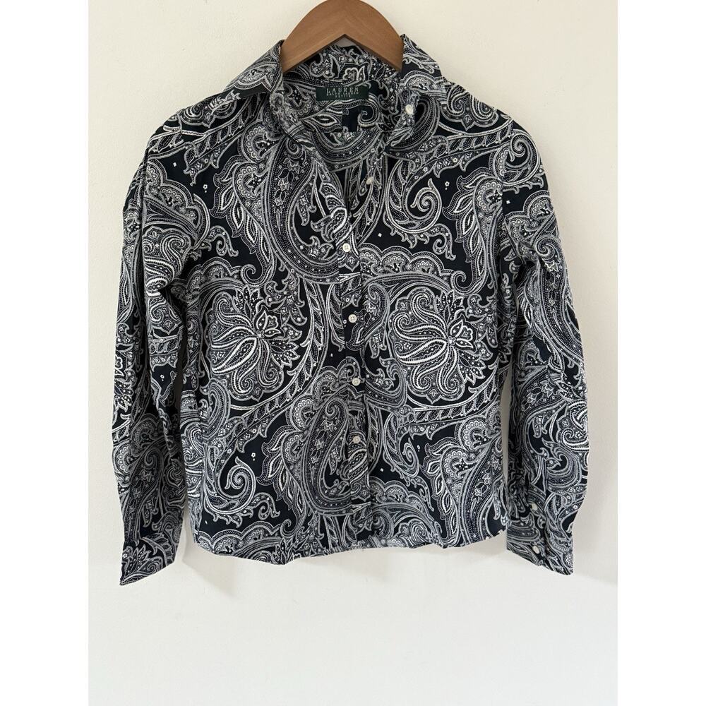 LAUREN RALPH LAUREN Button Down Shirt Women Paisley Black White 100% Cotton
